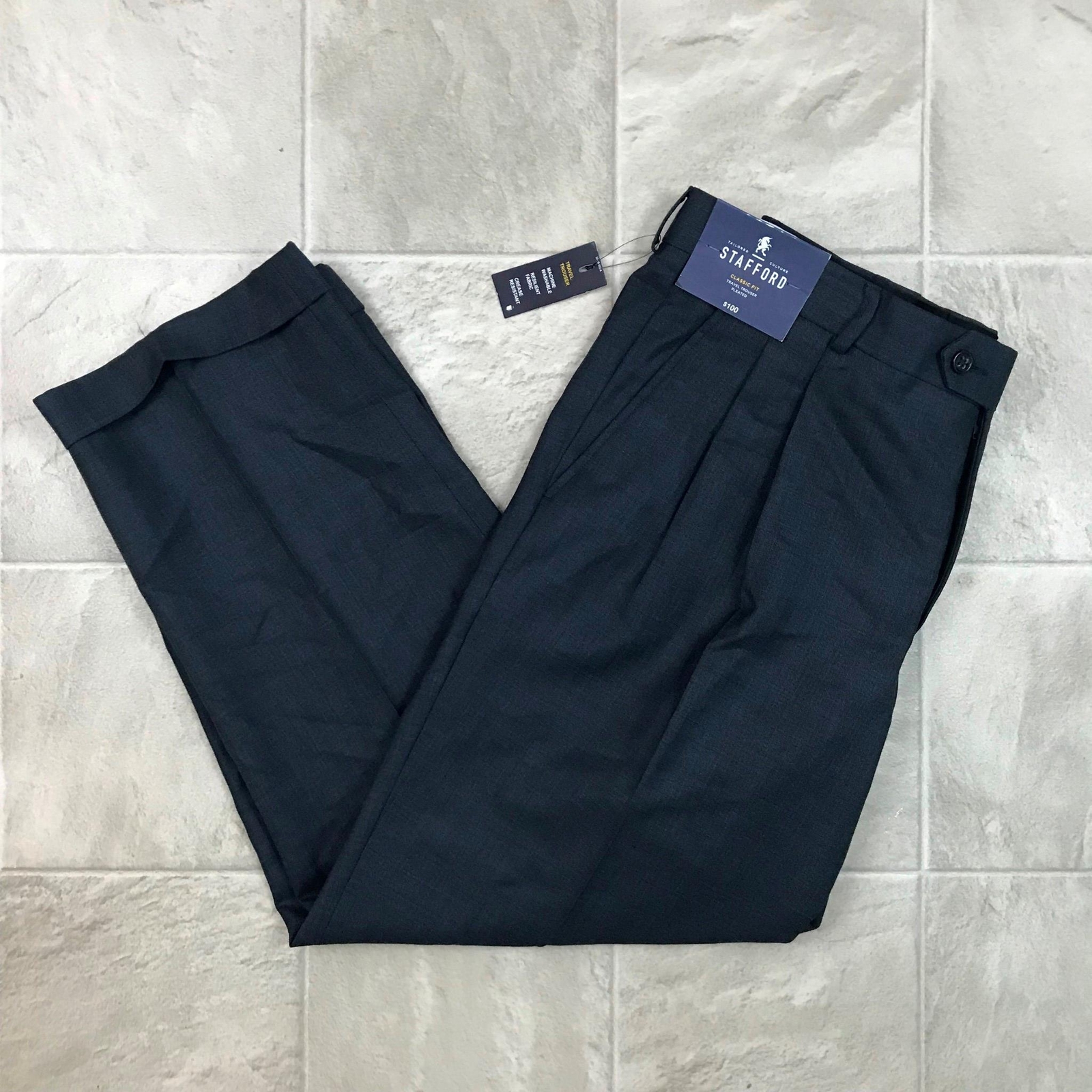 NEW Stafford Mens Classic Fit Travel Trousers Pleated Dress Pants bluee 36x29 NEW Stafford Mens Classic Fit Travel Trousers Pleated Dress Pants bluee 36x29