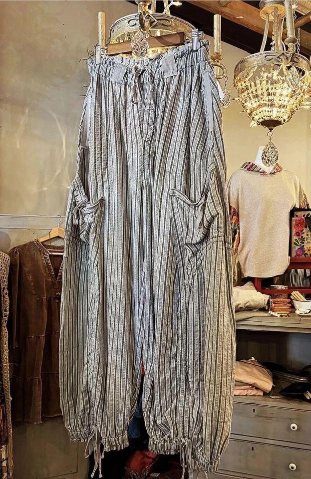 Pantalones de Terciopelo Azul Gris Rayas Bolsillos con Cordón Boho Gitano Algodón Nuevos con Etiquetas Talla:M