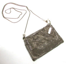 Whiting & Davis Silver Mesh Fold Over Zipper Purse With Over The Shoulder Chain