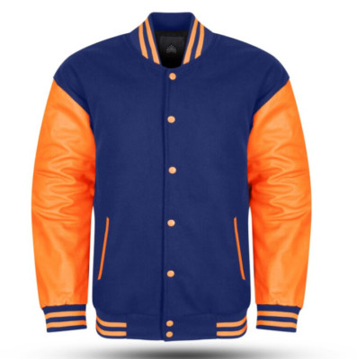 Varsity Jacket With Royal Blue Wool Body And Orange Leather Sleeves Jacket