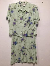Karin Stevens Women 2 Piece Dress Suit Set Size 14 Floral Green Purple Rayon 195