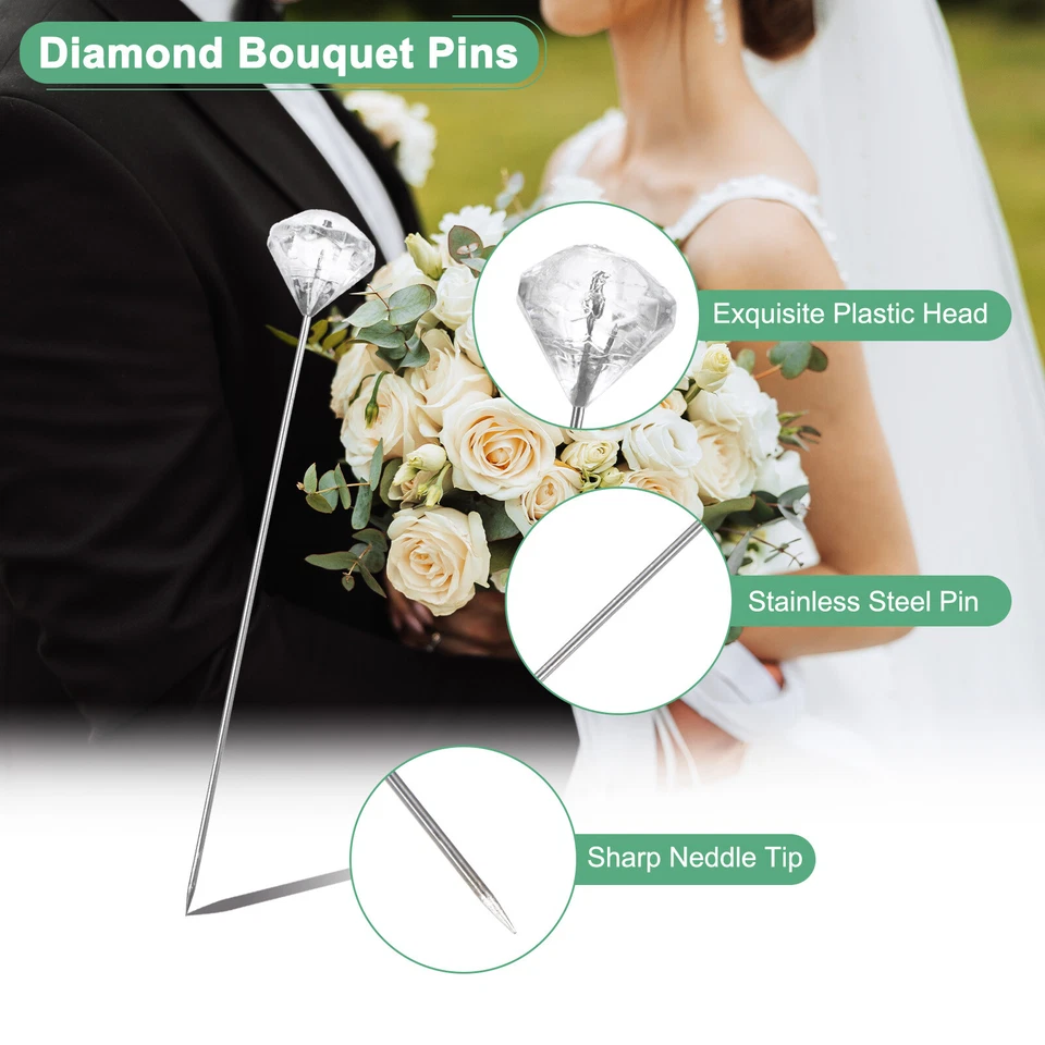 50-Pack Corsage Boutonnieres Pins, 6.4cm Diamond Clear Straight Pin for Wedding Foto 2 de 4