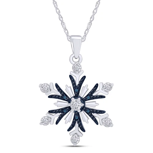Blue & White Real Diamond Accents Snowflake Pendant 18" Necklace Sterling Silver