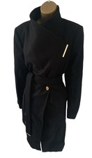 Ted Baker Wool Cashmere Wrap Midi Coat Black Gold Button Detail Size 14 4 Used