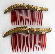 Pair Antique Gold Microbead, Faux Pearl, Repousse Goldtone Feather Hair Combs