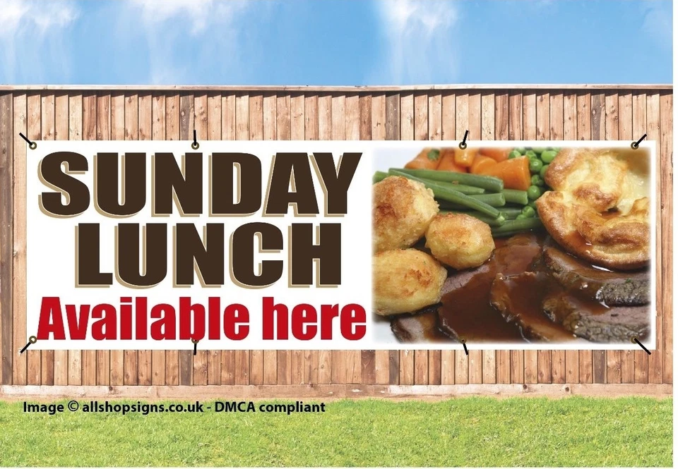 THESIGNSTORE SUNDAY LUNCH AVAILABLE HERE BANNER OUTDOOR SIGN waterproof PVC + Eyelets 002