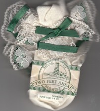 Lace Socks, Girls, Cream W/Dark Green Ribbon, By Two Feet Ahead, 3-4, New