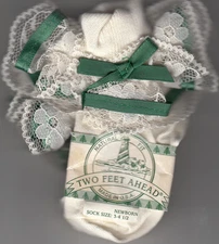 Lace Socks, Girls, Cream W/Dark Green Ribbon, By Two Feet Ahead, 3-4, New