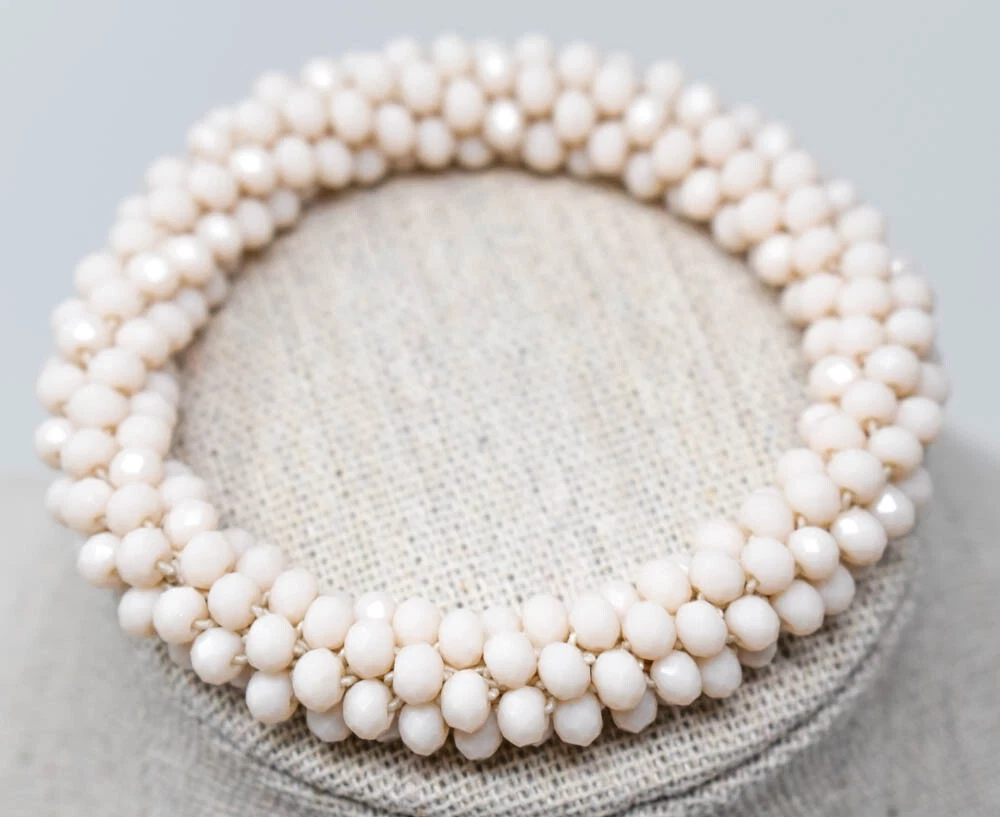 SMALL BEAD CRYSTAL CLUSTER STRETCH SOLID BEIGE CREAM BRACELET