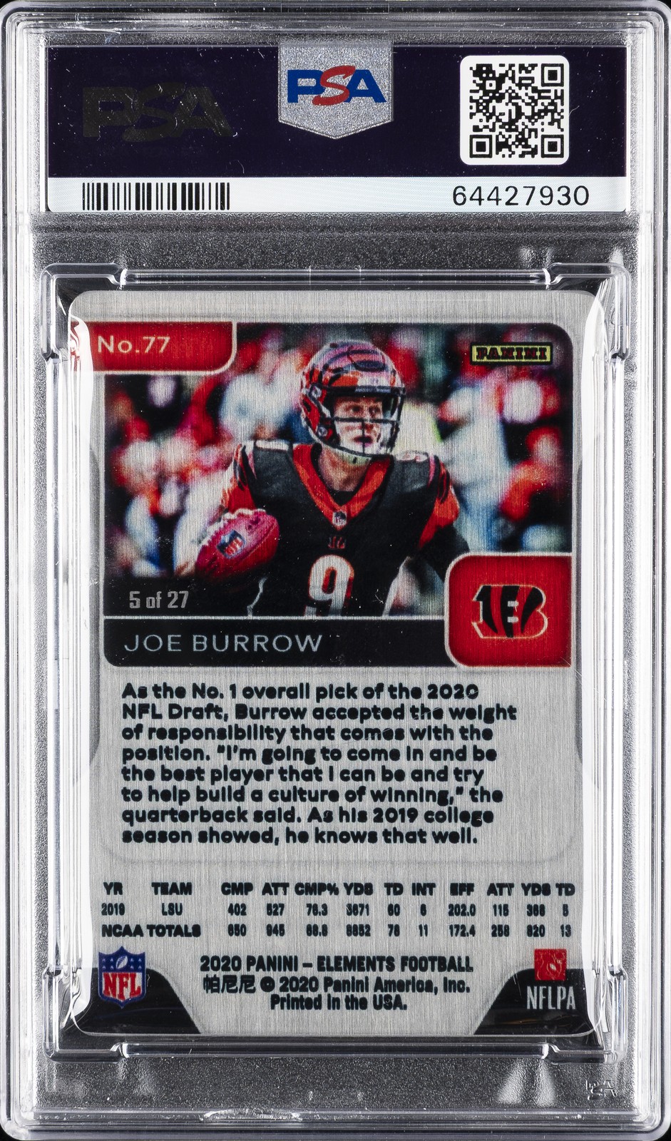 2020 PANINI ELEMENTS COBALT #77 JOE BURROW ROOKIE RC 5/27 PSA 9 view 2