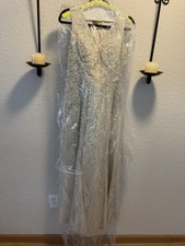 Mac Duggal Beige Silver Embellished Formal Gown Size 12 Sleeveless Lace
