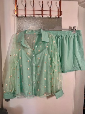 Zweiteiler mintgrün 2XL 48 Plus Size Bluse Shorts Sommer Blumen