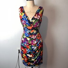 Lauren Ralph Lauren Women Dress Floral Sheath V Neck Bright Ruched Stretchy 14