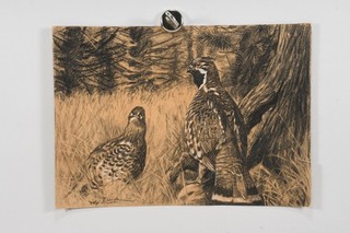 C35F12 Charcoal Drawing White Raised Hazel Chicken Couple Signed Willy Mende (?)