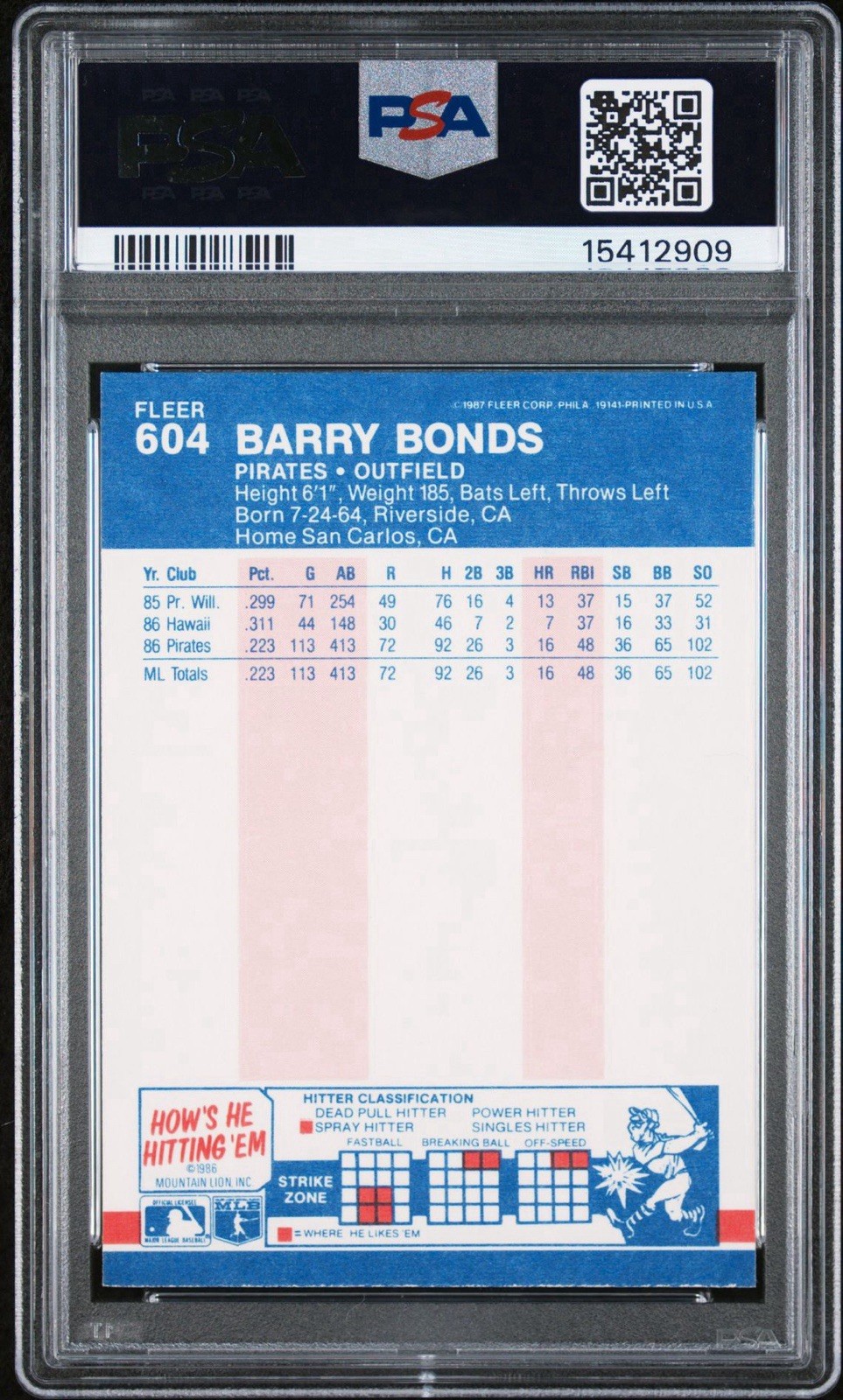 1987 Fleer Barry Bonds Rookie RC #604 Pirates PSA 10 GEM MINT view 2