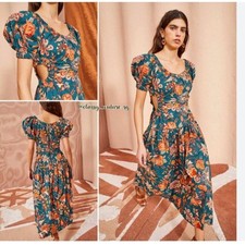 Ulla Johnson Olina Dress Delphinium Floral Teal Orange Midi Puff Sleeve 4