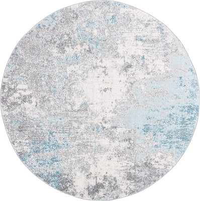 Tulum Collection Area Rug - 9' Round, Grey & Blue, Modern Abstract Design, Non-S