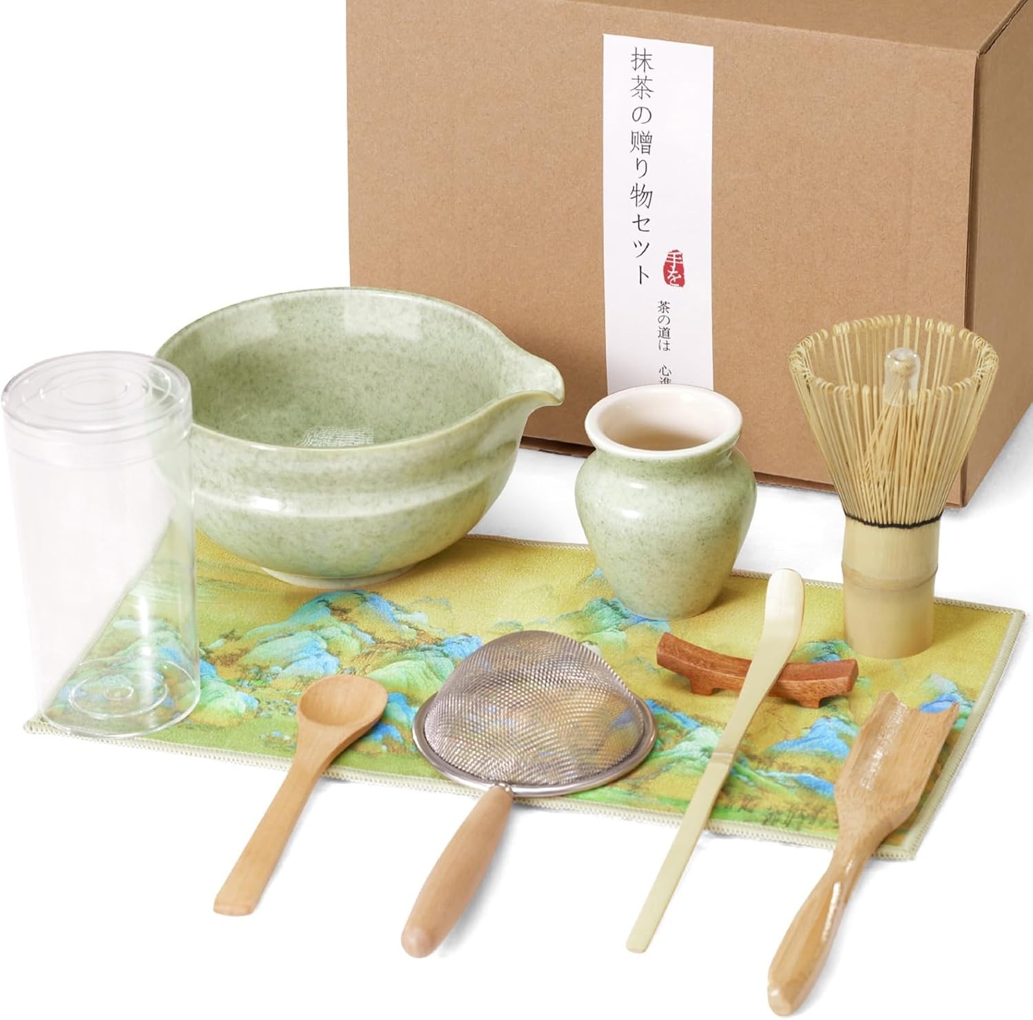 9Pcs Matcha Tea Set with Bamboo Whisk, Ceramic Bowl with Spout, Scoop, Holder,
