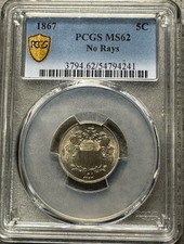 1867 No Rays Shield Nickel PCGS MS62 Gold Shield Free Ship