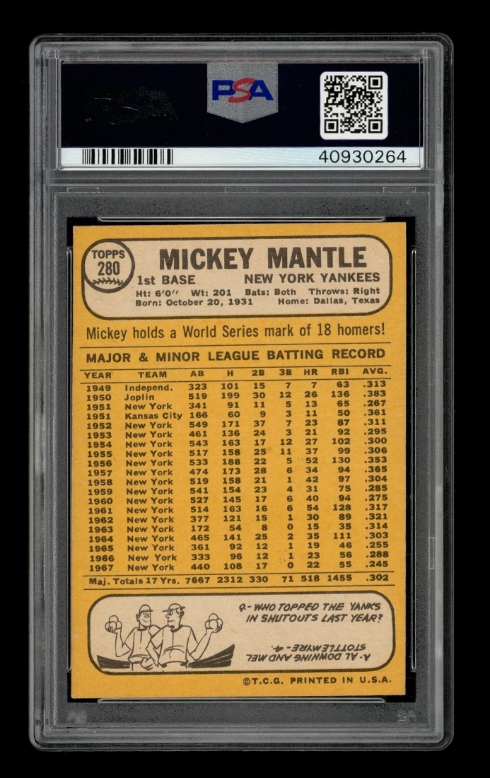 1968 Topps Set-Break #280 Mickey Mantle PSA 6 EX-MT view 2