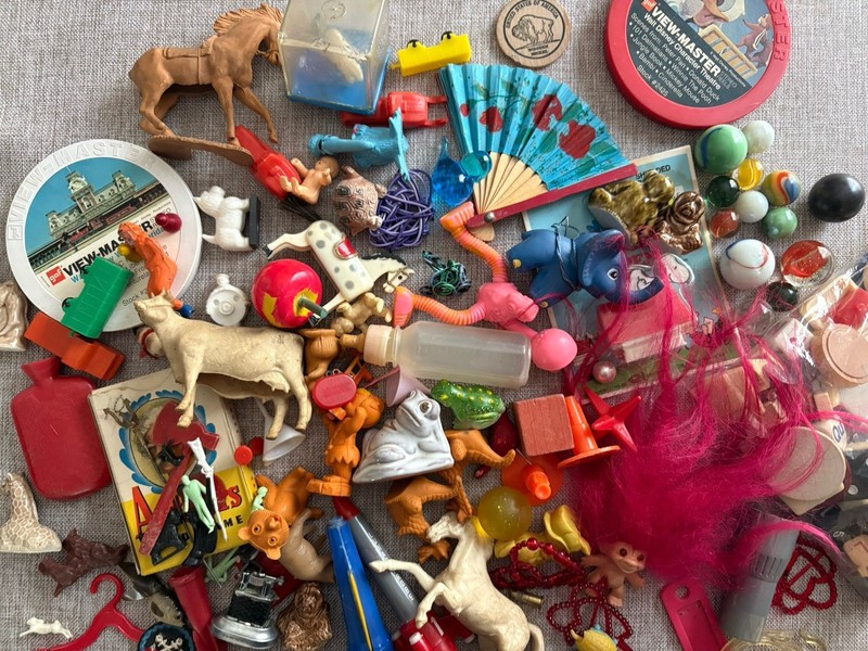 Vintage Trinkets Junk Drawer Lot Miniatures, Toys, Collectables, Marbles