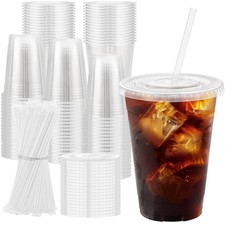 16 oz 100 Pack Plastic Cups with Lids and Straws, Sturdy Food Safe Iced Clear...