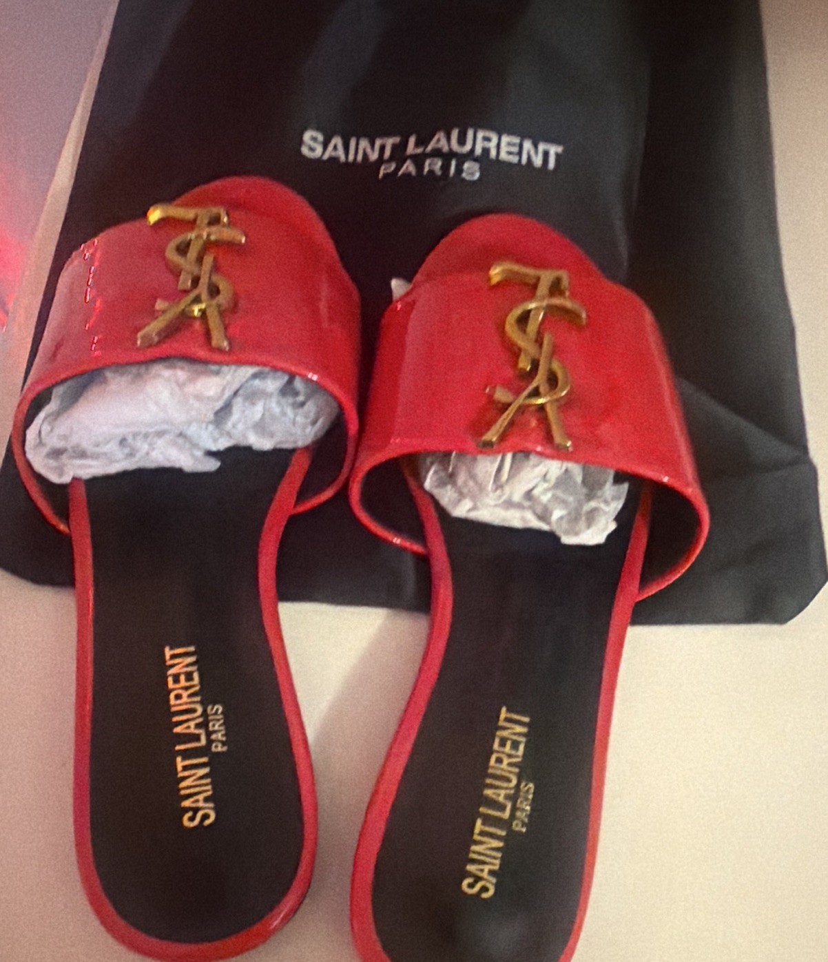 Saint Laurent Women's Red Logo Slide Sandals Slip On Solid Leather Upper US 7