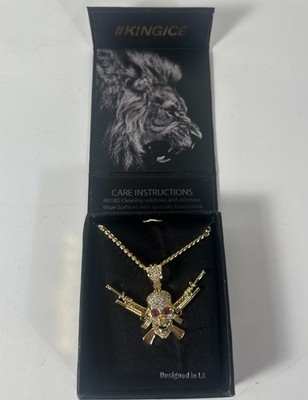 King Ice Skull AK Rifle Pendant Gold Tone CZ Red Eyes NEW w/ Box