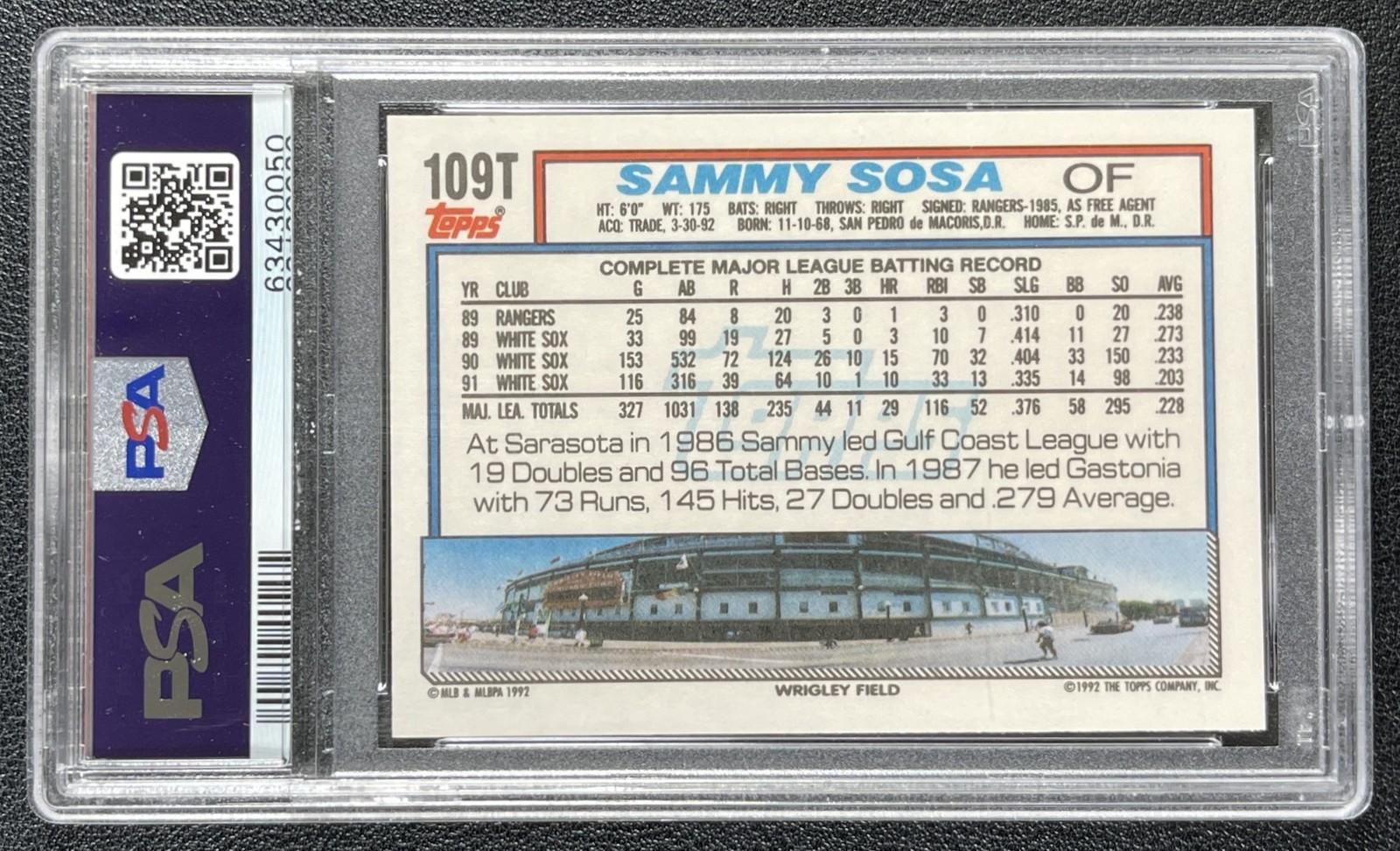 SAMMY SOSA PSA 10 1992 TOPPS TRADED #109T CUBS 0050 view 2
