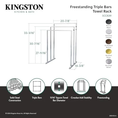 KINGSTON BRASS SCC8288 Pedestal 3-Tier Steel Construction Towel-Rack - Nickel - Image 4 of 4