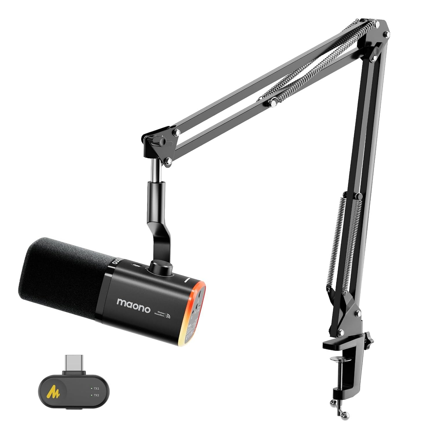Wireless Dynamic Gaming Microphone for PC with USB-C Receiver Boom Arm Black