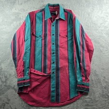 VTG 90s WRANGLER USA Men  s 33 Pink Teal Striped Button Up Brushpopper Shirt 15.5