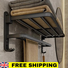 Double Tier Towel Rail Holder Wall Mounted Bathroom Rack Shelf With Hook Folding