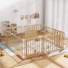 Wooden Baby Playpen 8 Panels 64 x64 Safety Lock Natural Wood Portable Child Kids