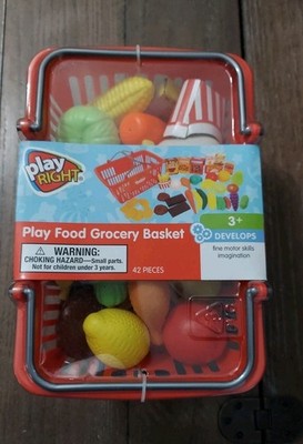 Play Right Play Food Grocery Basket NEW 42 Pieces Fruits Veggies Snacks 3+