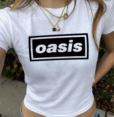 Oasis Cropped White T-shirt Graphic Tee Concert Top Women's