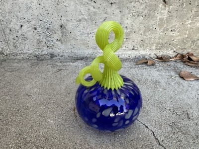 Blown Glass Pumpkin Signed Hilltop Studio PNW Artist Blue Green Stem
