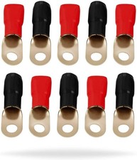 P0GRT10 0 Gauge Gold Ring Terminal 10 Pack 1/0 Gauge Wire Crimp Cable Red Black