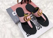 Women’s Leather Thong Flat Slip-On Sandals Solid Pink/Black/Gold Logo 8