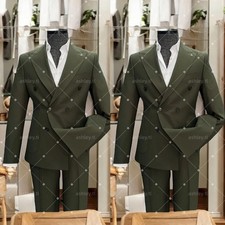 Green Men's Suit Peak Lapel Double-Breasted Interview Wedding Groom Tuxedo 2 Pcs