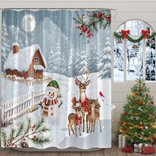 Winter Christmas Shower Curtain,Snowman Deer Decor for Bathroom,Rustic Forest Sn