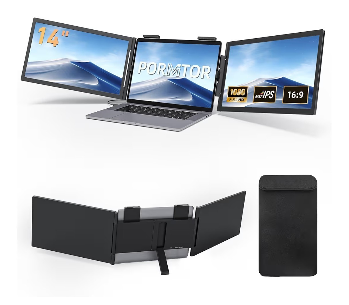 Triple Screen 14" IPS Laptop Screen Extender 1080p 16:9 Blac