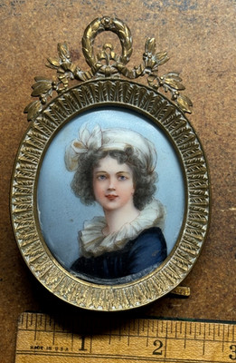 Antique hand painted Porcelain Gilt Frame CAMEO PORTRAIT Woman Elisabeth Le Brun