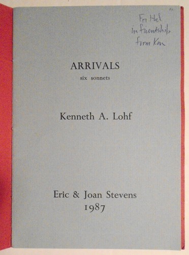 Arrivals : six sonnets, by Kenneth A Lohf. SIGNED Limited edition # 49 Of 100. - Bild 2 von 7