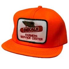 Vtg K Products Big Patch Farm Trucker Hat Dekalb Snapback Blaze Orange USA MADE