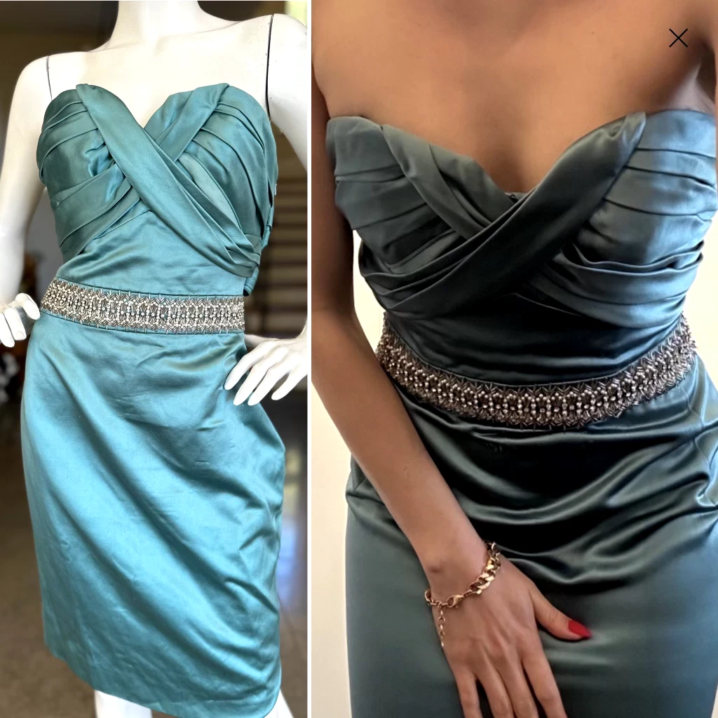 Robe de cocktail bleu sarcelle Christian Dior par John Galliano avec perles 