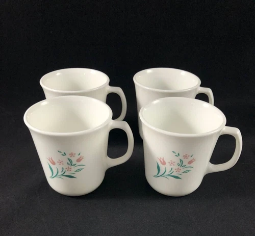 Lot of 4 Vintage Corelle Corning Ware Rosemarie Pink Tulip Coffee Cups Mug