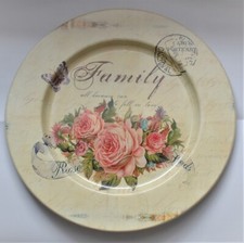 Deko Teller aus Blech, rund 33,5cm, mit Rosenmotiv, Vintage Retro Landhausstil