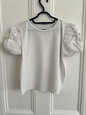 Zara White T-shirt with Ruffled  Tulle Sleeves, Size S