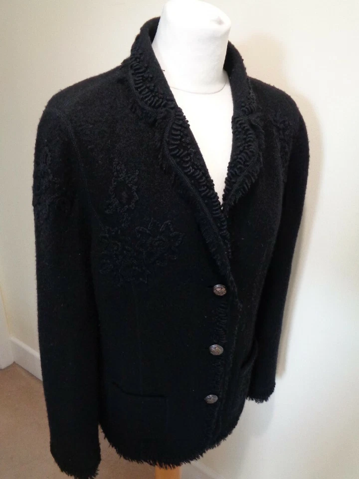 BASLER BLACK VIRGIN WOOL JACKET WITH FRINGE & EMBROIDER DETAILING - SIZE 14 (40) — 第 2/4 张图片